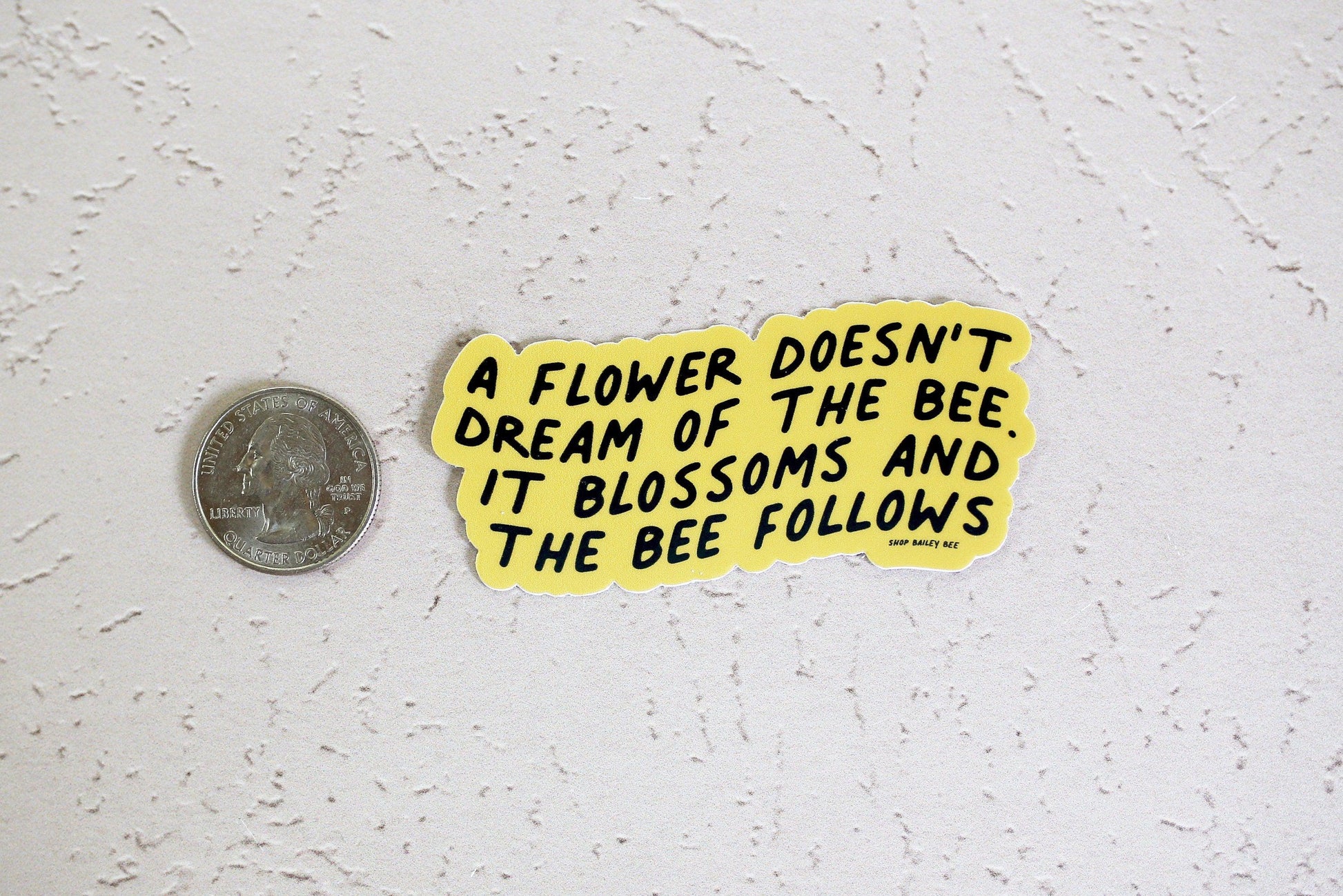 flower doesn't dream of the bee it blossoms and the bee follows against a quarter for size comparison